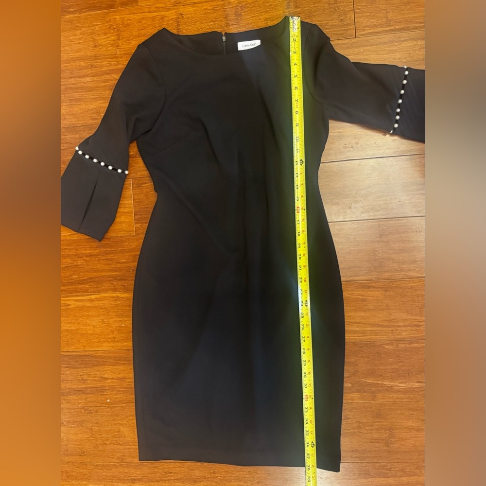 Calvin Klein Black 3/4 bell Sleeves with faux pearls black sheath dress size 10 - Picture 8 of 8
